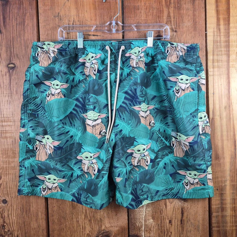 Star Wars Grogu Baby Yoda Tropical Palm Swim Trunks Men's XXL Green